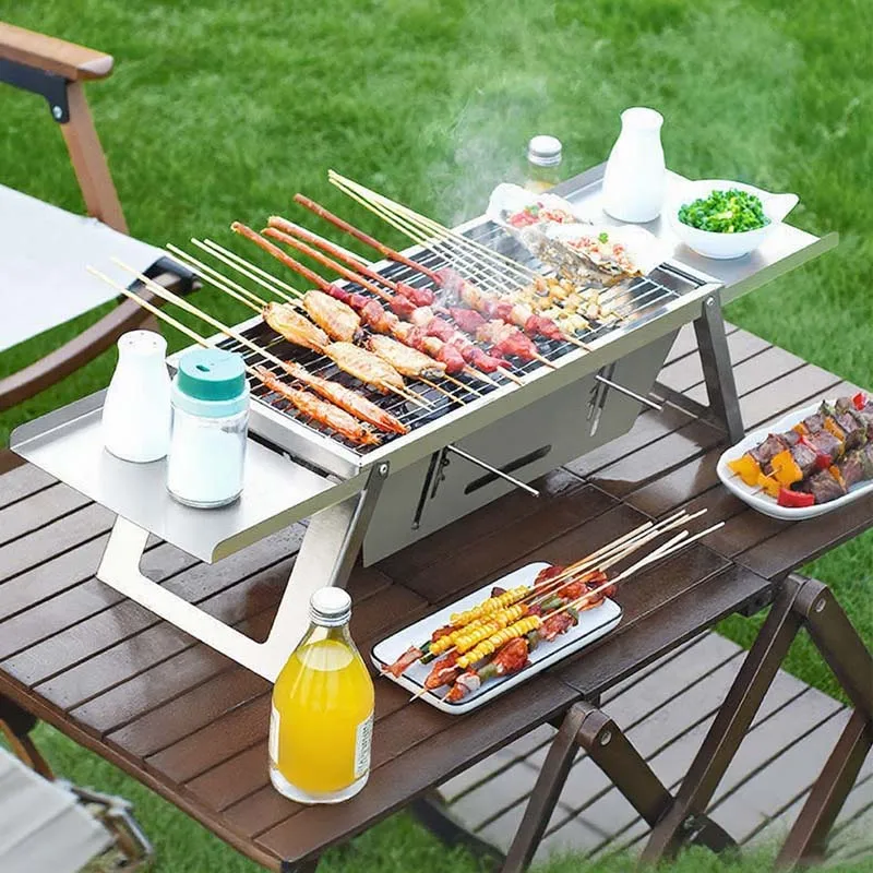 Parrilla de carbón portátil de acero inoxidable para el hogar, diseño plegable pequeño de un segundo para pícnic al aire libre, Camping, barbacoa
