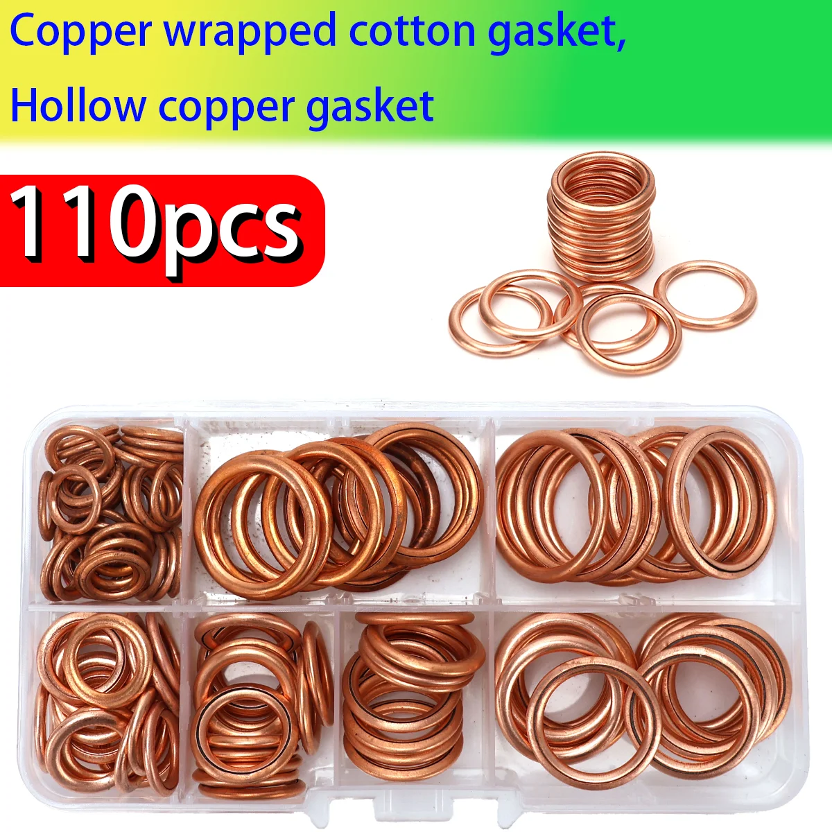 110 joints en coton plaqué cuivre, joints d'étanchéité par compression, adaptés aux bouchons de vidange d'huile automobile et aux rondelles de compression.