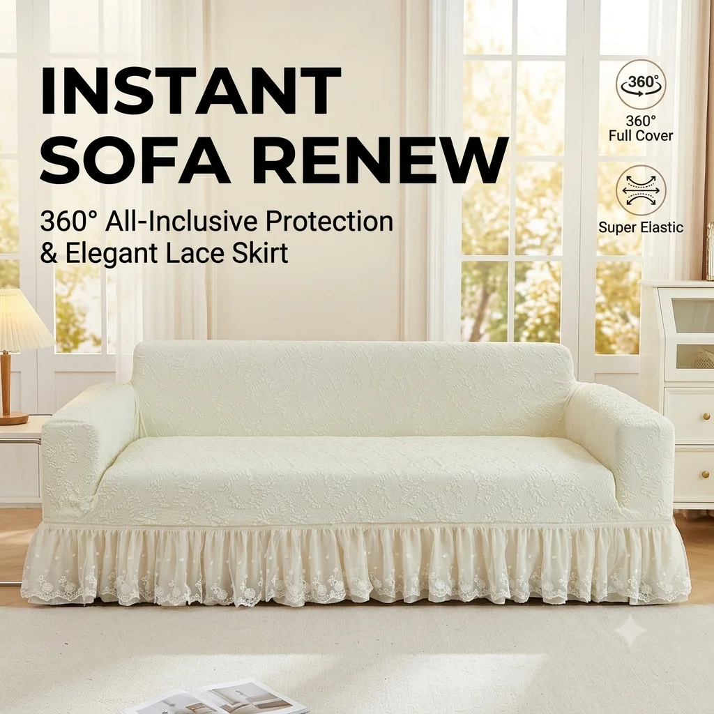 Elastic Sofa Cover with Lace Skirt All-inclusive Universal Couch Slipcover Jacquard Floral Printed Sofa Towel Protector