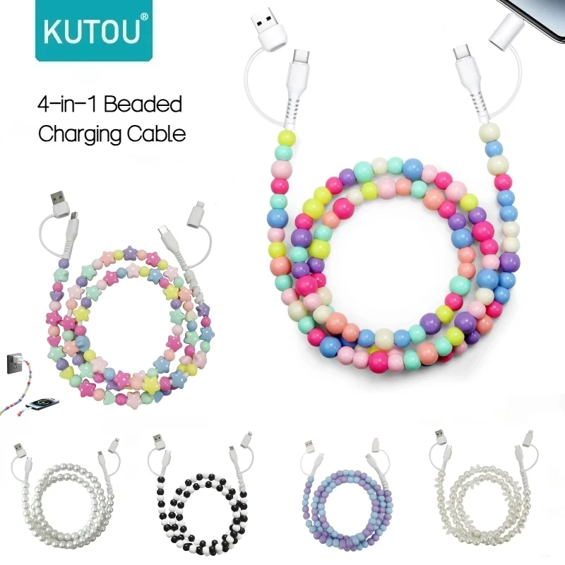 KUTOU Beaded Charging Cord Colorful Beaded 4-in-1 Data Cable Fast Charging Cable 3.3ft for Girls Women iPhone 16 Pro/16 Pro Max