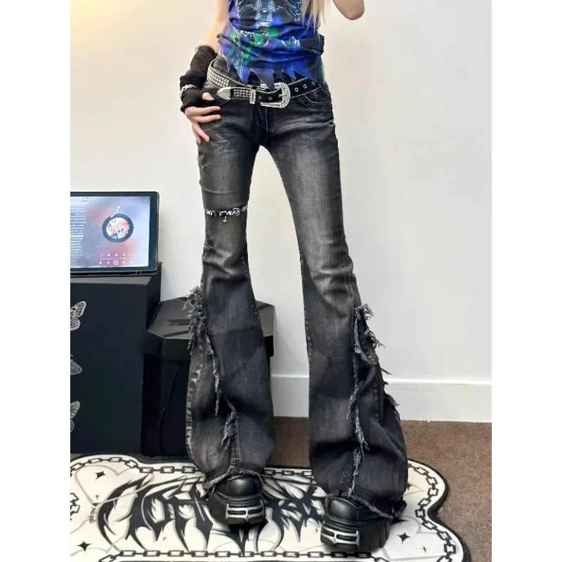 IMU IUM American retro fringed micro flared jeans with women's cross tie design spicy girl slim fit and slimming horseshoe pants