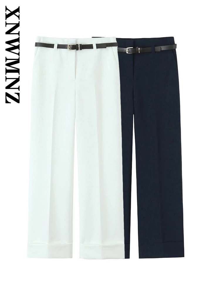 

XNWMNZ 2025 Summer New Woman's Chic Casual Ruched Bottoms Simple Spring Lady Solid Color Long Pants Fashion with belt High Waist