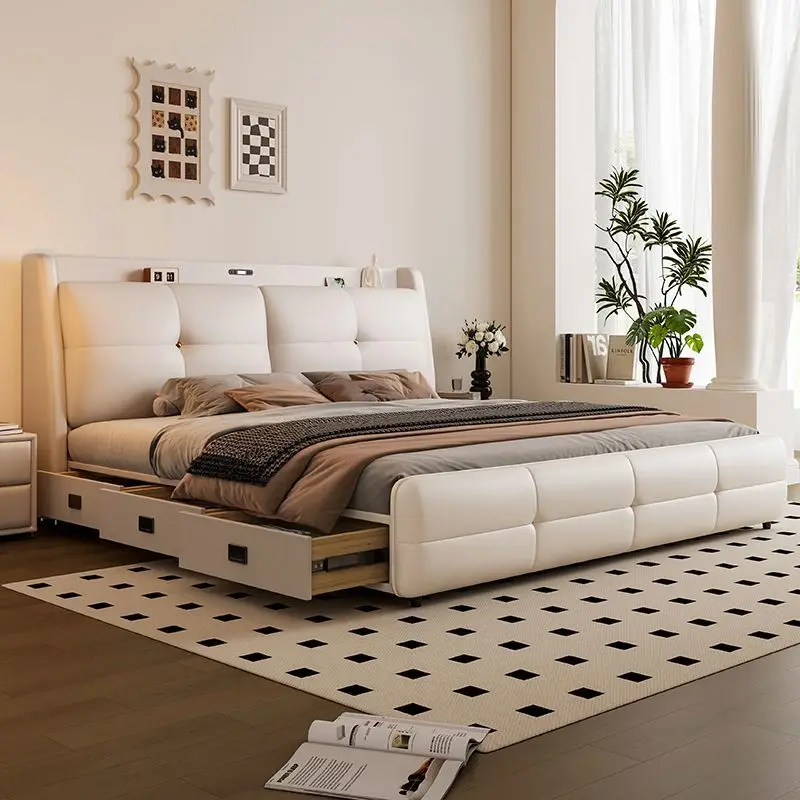 200x220 سنتيمتر الجلود سرير مزدوج الملك الحجم الإطار الملكة سرير مزدوج فاخر متعدد الوظائف سرير الزفاف درج خشبي أثاث غرفة نوم #2