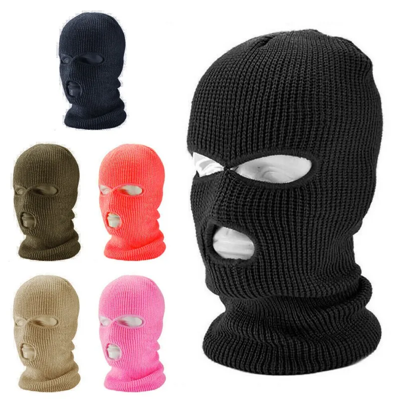 3‑Hole Knitted Balaclava Full Face Mask Winter Warm Mask Stretch Knit Neck Hood Hat For Men Women Multi‑Color Outdoor Beanies