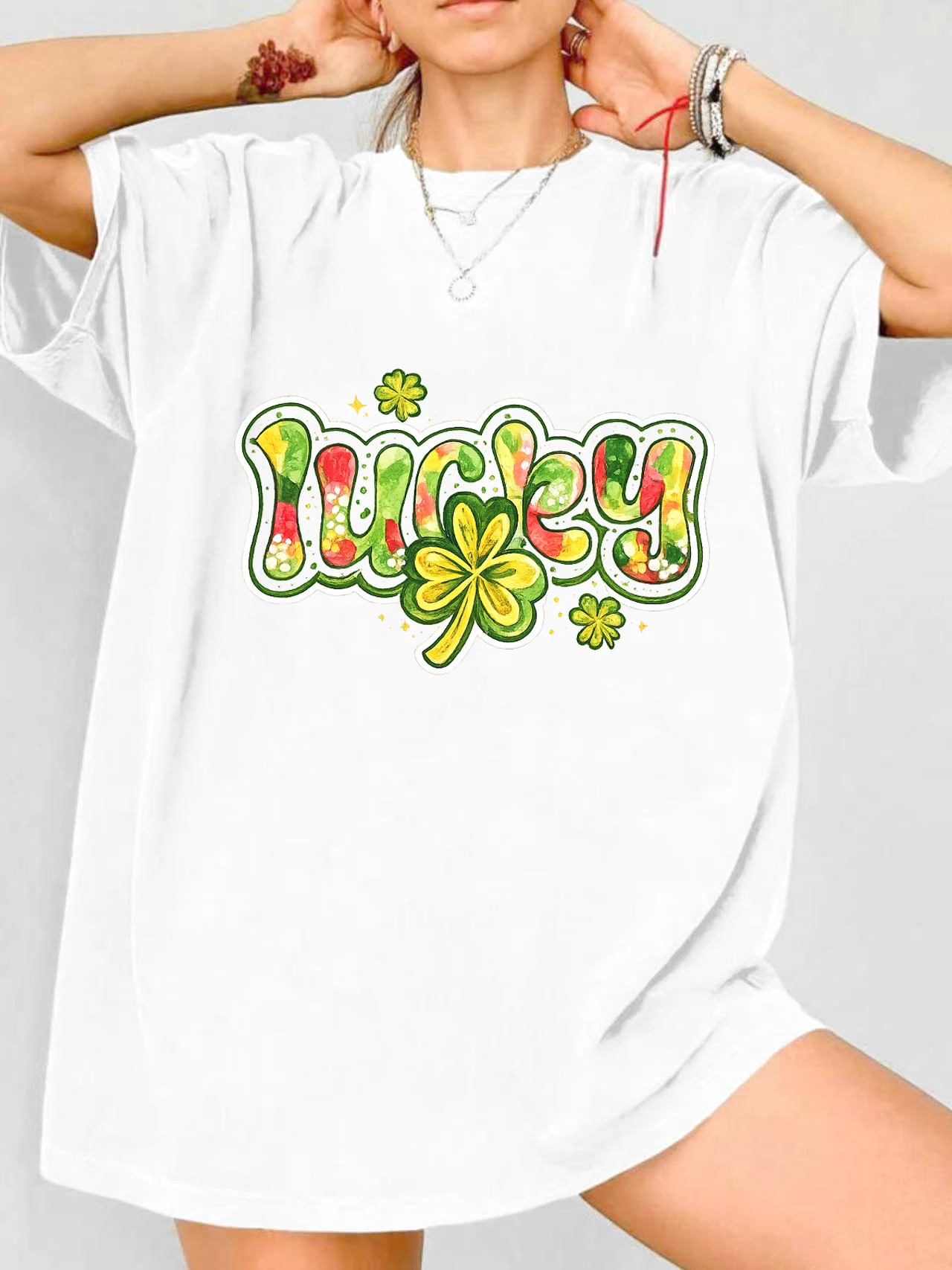 

【WDS03212】Женская футболка больших размеров с графическим принтом Lucky Groovy Shamrock, летняя, повседневная, с коротким рукавом, круглым вырезом, в уличном стиле, универсальная
