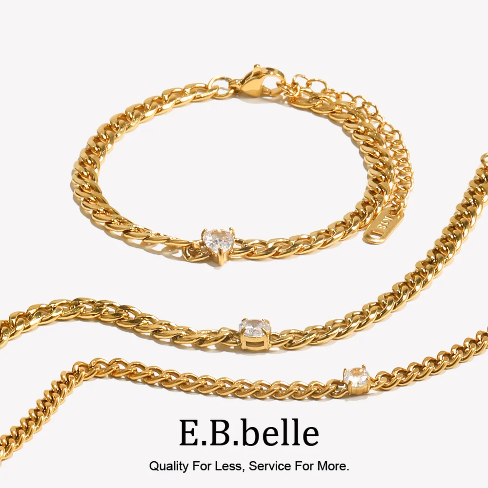 E.B.belle Round Water Drop Zircon Chain Bracelet Waterproof 316L Stainless Steel Accessories 18K Gold Plated Bracelet for Women