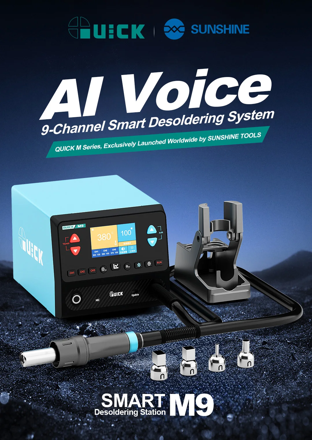 Quick M9 1300W Intelligent Hot Air Desoldering Station PC Screen Projection,HD Display with AI Voice Control & 9-Channel Modes