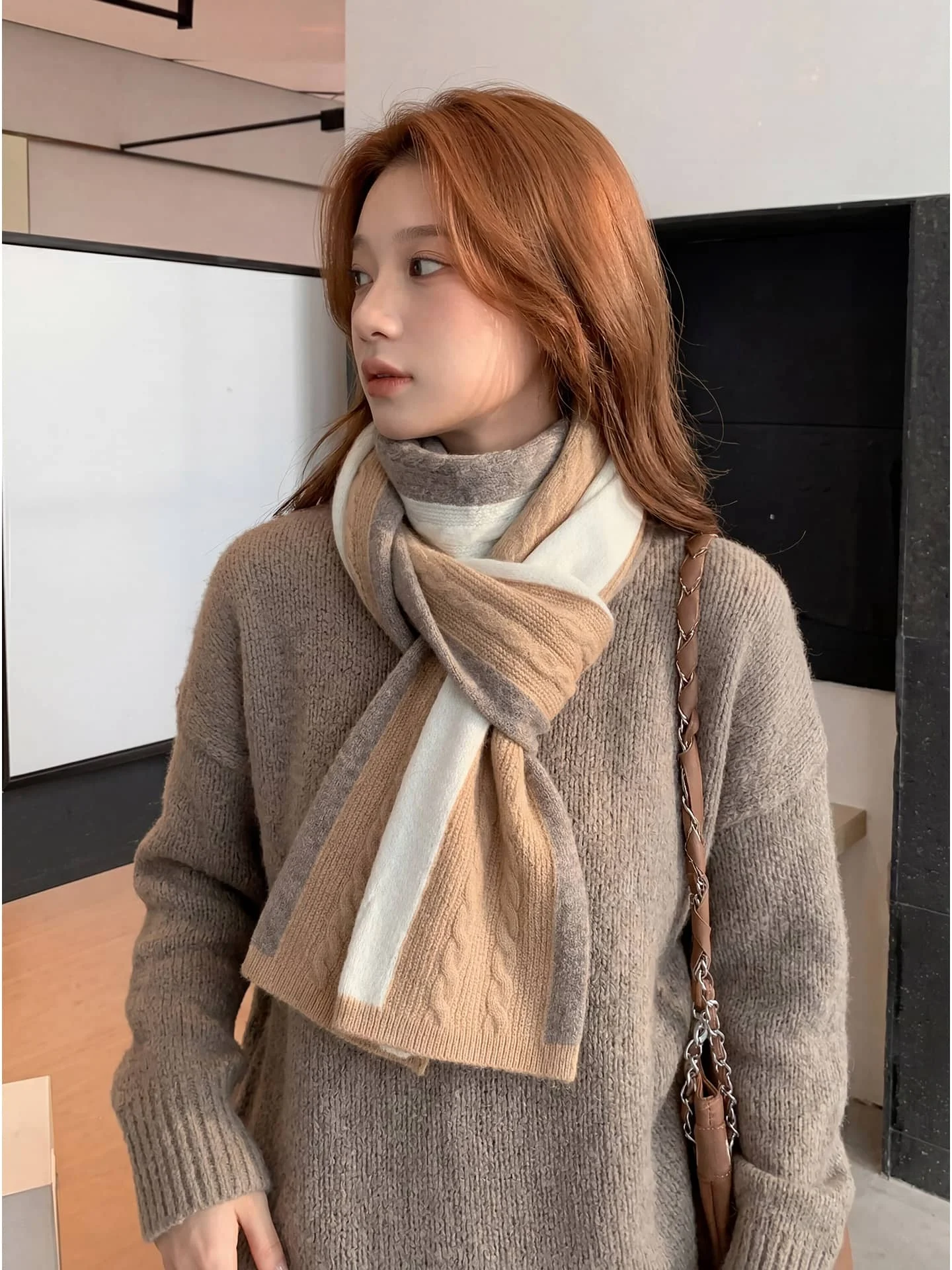 Merino 100% Wool Women's Scarf Color Blocked Autumn Winter Soft Casual Fashionable Cashmere Knitted Scarf