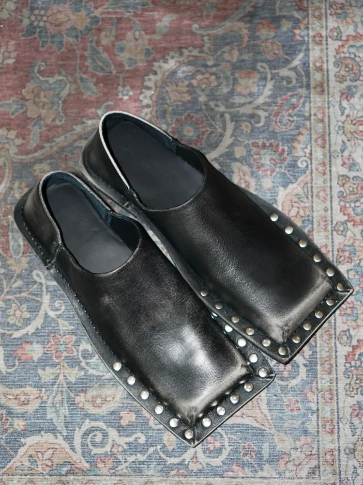 Designer Mens Women Square Toe Rivet Formal Shoes Low Cut Lace Up Cowhide Genuine Leather Vintage Breathable Casual Dress Shoes