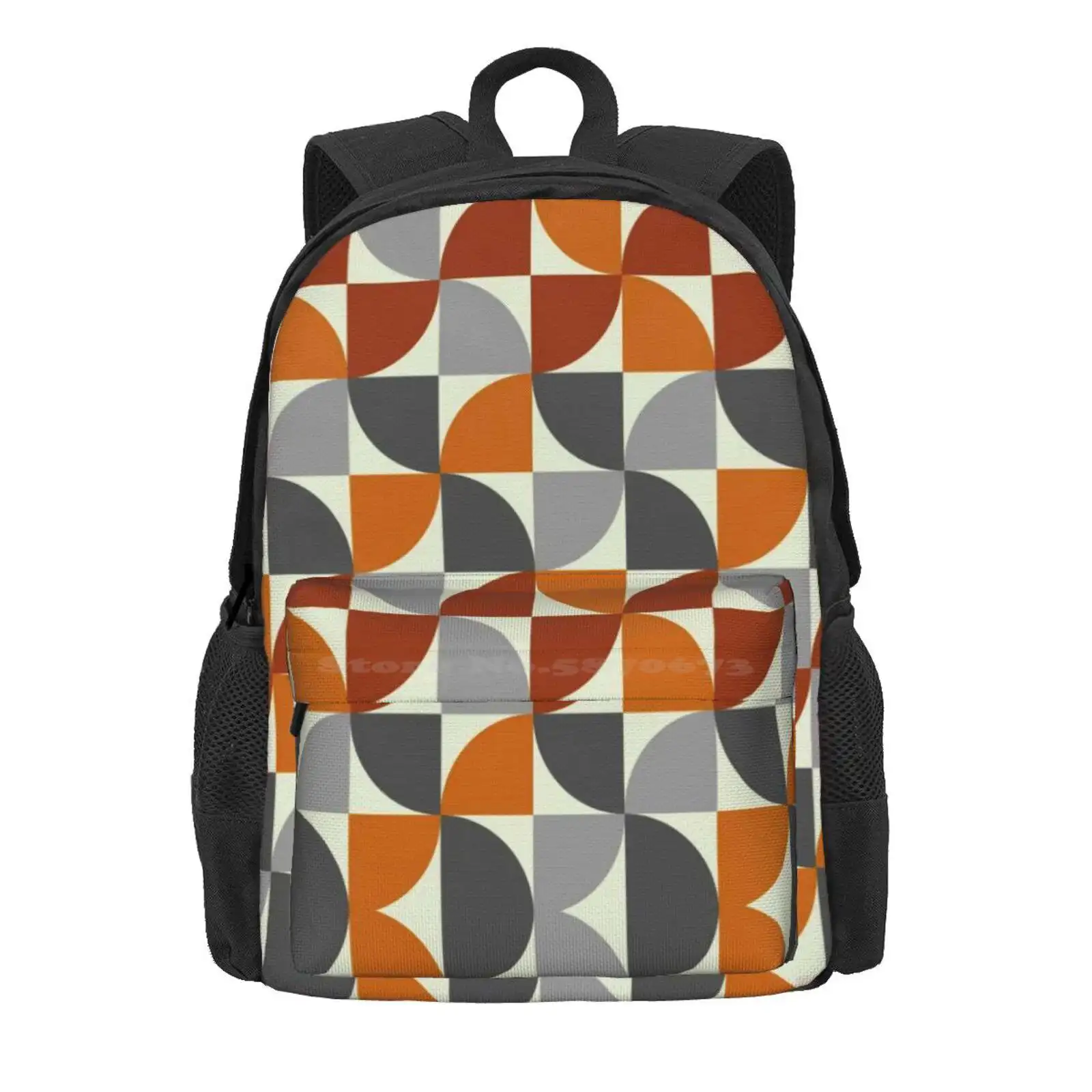 Grey And Orange Mid Century Modern Hot Sale Schoolbag Backpack Fashion Bags Grey Gray Orange Geometric Pattern Retro Circle Mid