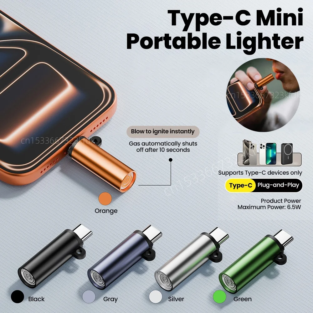 Type C Mini Cigarette Lighter Blow-to-Ignite Auto Shut-Off No Battery No Flame USB C Cigarette Lighter Adapter Type C Connector