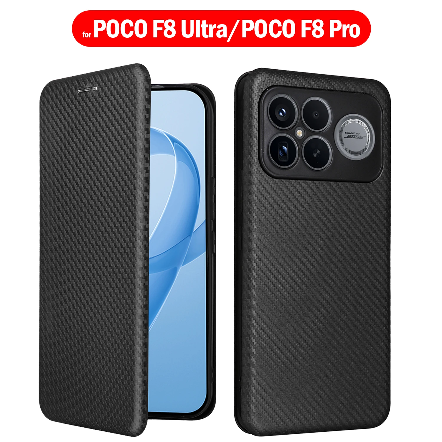 Capa magnética tipo carteira para POCO F8 Ultra F8 Pro, textura de fibra luxuosa, couro PU + proteção plástica à prova de choque