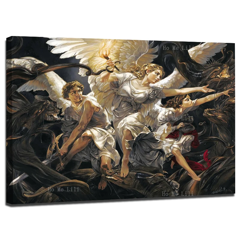 Renaissanc Reproduction Of Famous Canvas Wall Art By Ho Me Lili Four Angels Saint Michael Overwhelming The Demon Painting Decor