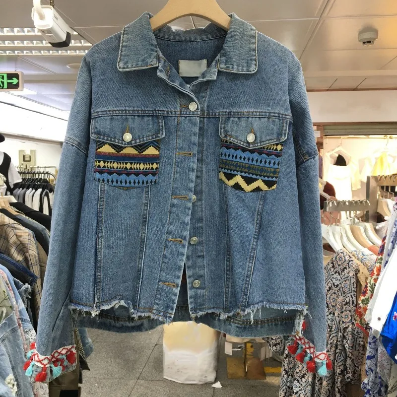 Luxury Brand Women New Retro Floral Embroidery Sequins Beading Fringe Loose Autumn Denim Jacket Coat Streetwear Long-sleeved Top