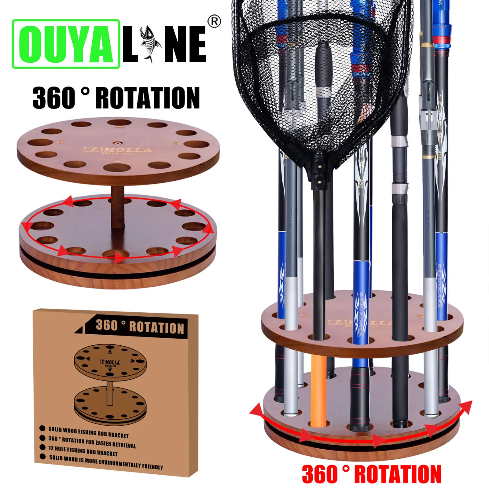 

OUAYLINE Advanced wooden 360 ° rotatable circular pole holder with 12 card slots/unique groove design, which helps save space