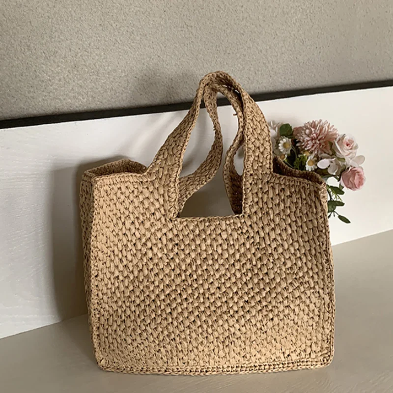 

Сумка-тоут из соломы ручной работы, женская, большая вместимость, французский минималистичный стиль, летняя пляжная сумка, легкая повседневная сумка через плечо для отпуска