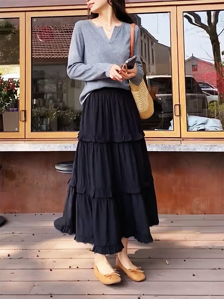 

Повседневная универсальная юбка с эластичным поясом, стройнящая, свободного кроя, осенняя новинка 2024 года, маленькая черная юбка-кейк