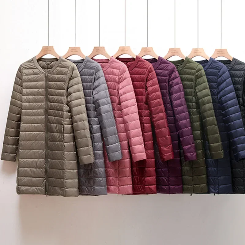 Abrigo-Chaqueta acolchada sin cuello con cuello redondo de estilo coreano de otoño/invierno con forro de plumas cálido nuevo plumón de pato largo ultraligero para mujer