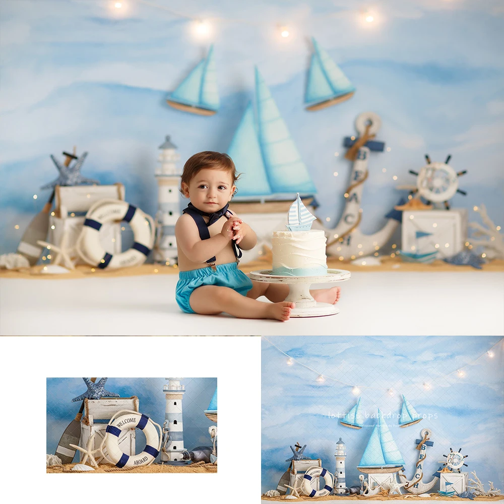 Summer Sail Boat Blues Backdrops Kids Adult Photography Baby Child Birthday Cake Smash Decors Boy Ship Captain Backgrounds