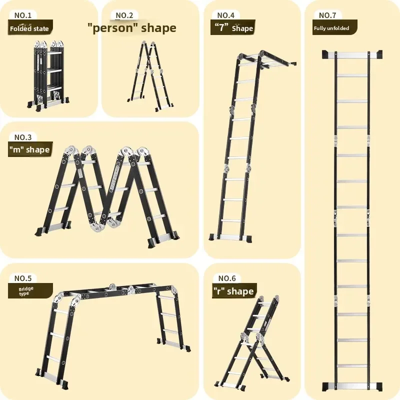 Escalera de espiga plegable combinada de hierro y aluminio multifuncional gruesa, escalera telescópica de cuatro pliegues, escalera conjunta