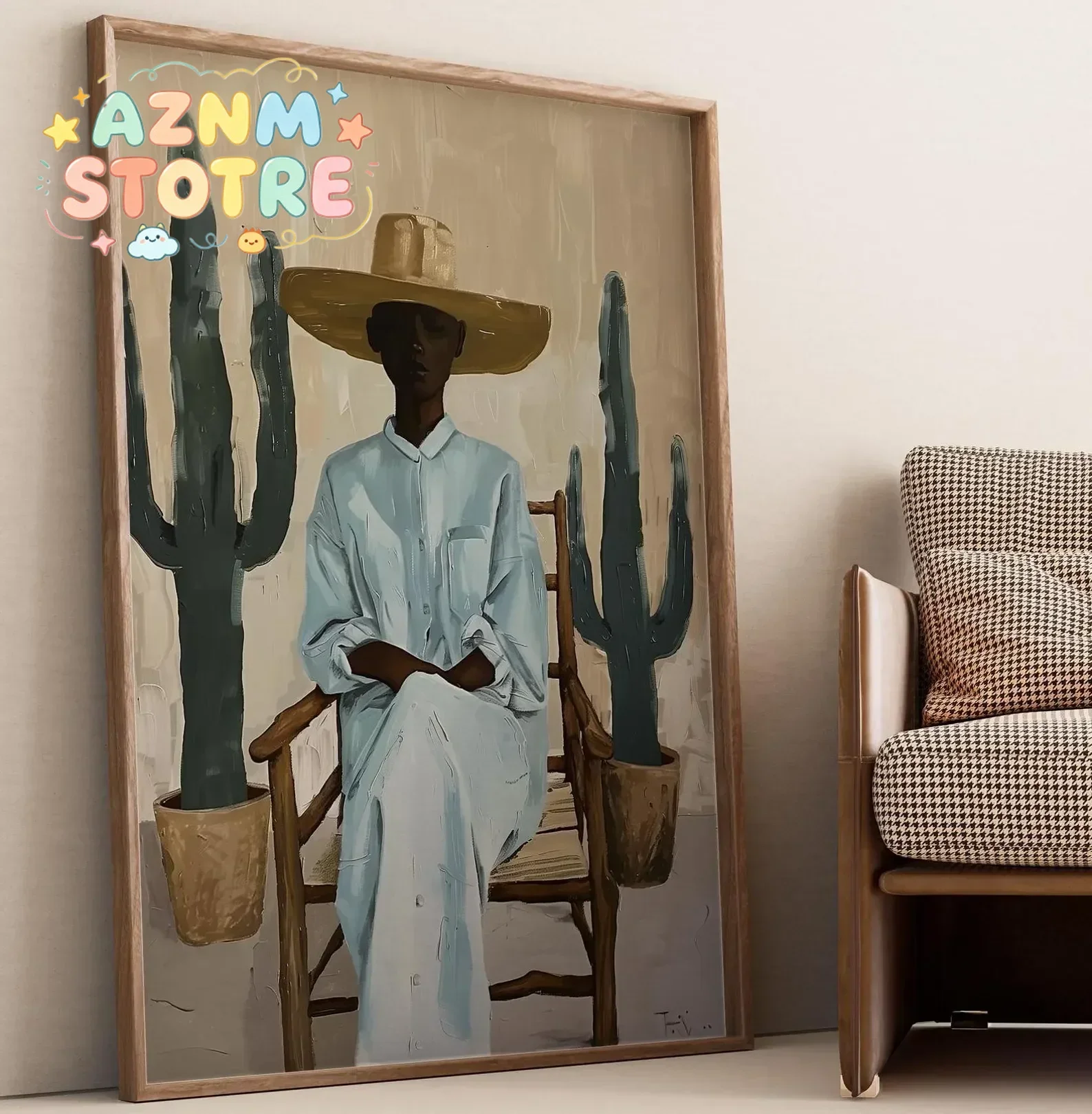 Impression d'art mural minimaliste sur le thème du désert, illustration d'une femme du sud-ouest avec un cactus, décoration de style bohème moderne, téléchargement numérique