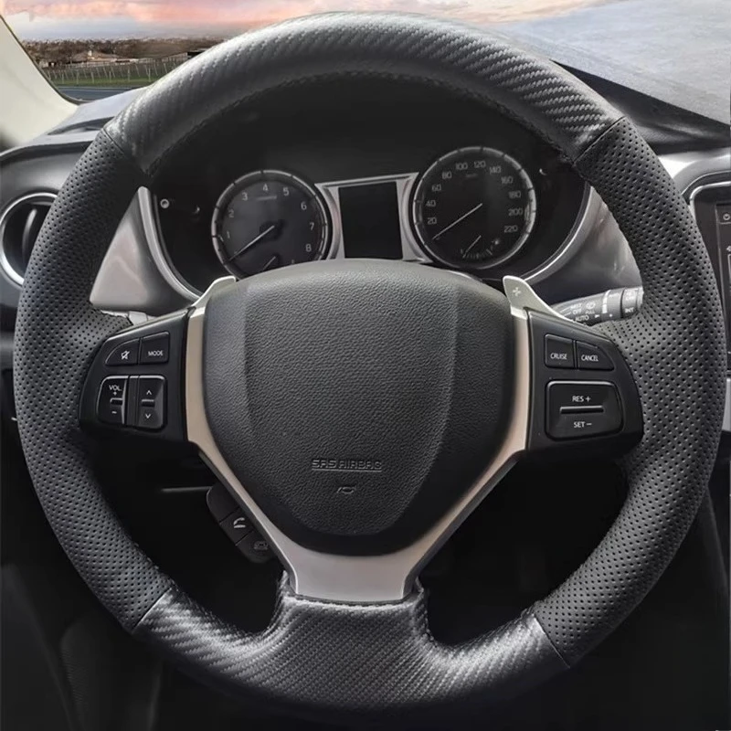 

For Suzuki CELERIO S-CROSS SX4 2013 2014 Vitara 2015 Hand Stitched black Genuine Leather carbon fibre car Steering Wheel Cover