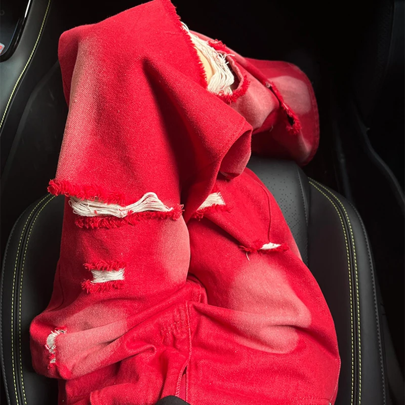 Zomer rode tie-dye gat denim broek dames 2025, nieuwe losse rechte jeans, high street vrouwelijke casual wijde pijpen broek