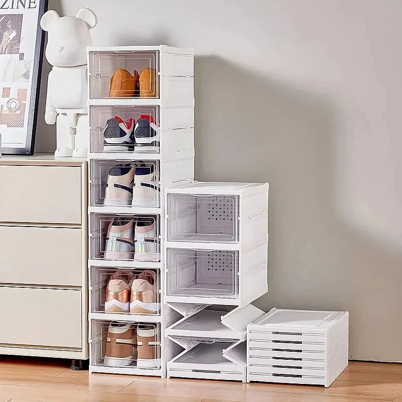 1/3/6 Layers Foldable Shoes Storage Box Transparent Sneaker Shoes Box Stackable Dustproof Cabinet Shoe Organizers Rack Shelf