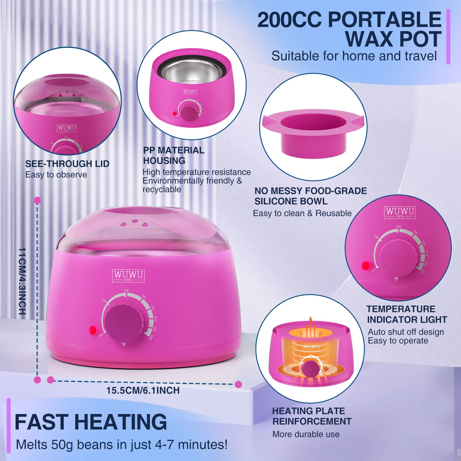 Hair Removal Wax Warmer 200CC WUWUVISTA Professional Wax Warmer Machine with 7oz Silicone Bowl Portable Hot Wax heater（US Plug）