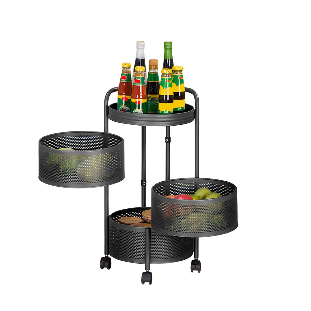 Rotating Kitchen Storage Rack No Assembly 4-Tier Carbon Steel Circular Rotating Basket with Wheels Space Saver Multi Layer