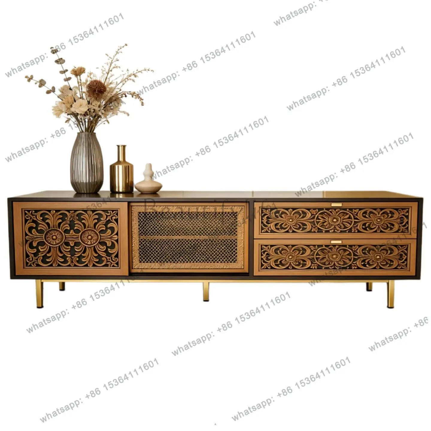 

French retro carved TV cabinet light luxury gold foot living room storage American antique storage audio-visual cabinet