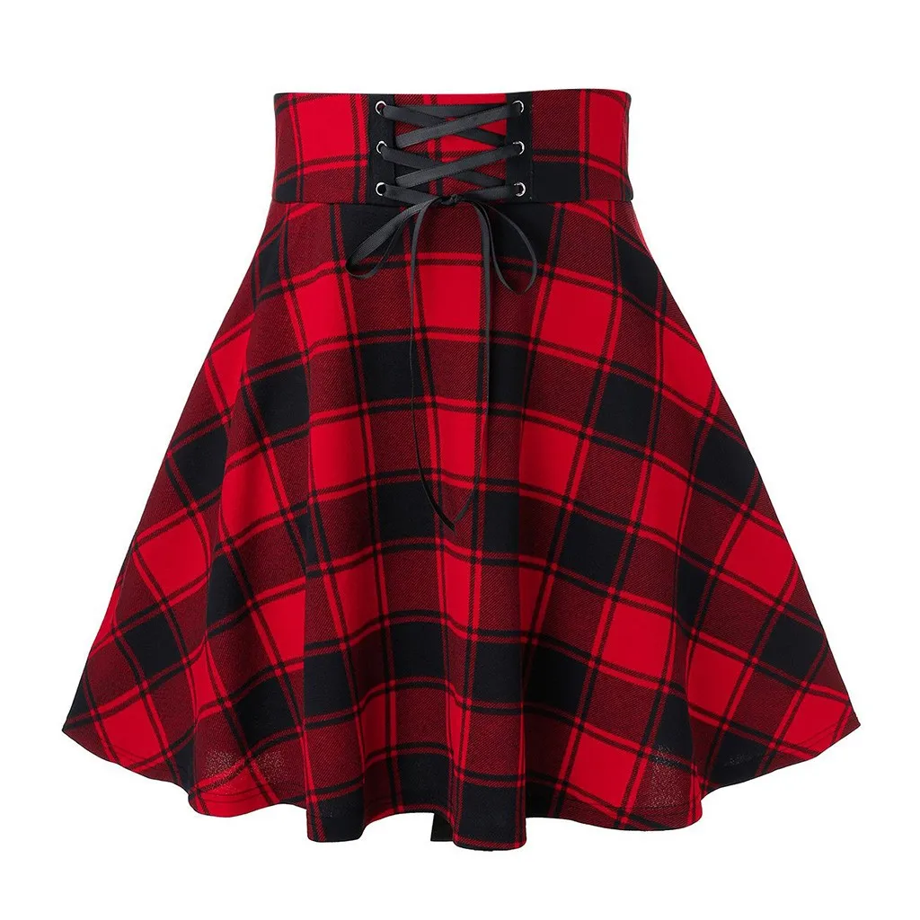 2024 Gothic Punk Harajuku Women Plaid Print Skirt Lace Up Vintage Casual Green Red Plaid Party Pleated Woolen Skater Punk Skirt