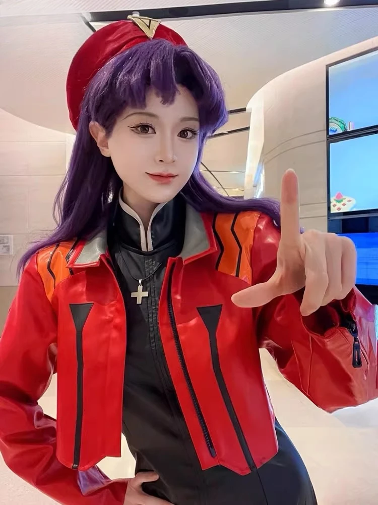 

Anime EVA Katsuragi Misato Cosplay Costume Wig Halloween Masquerade Dress Up Outfit PU Leather Red Jacket Anime Uniform XS-XXXL