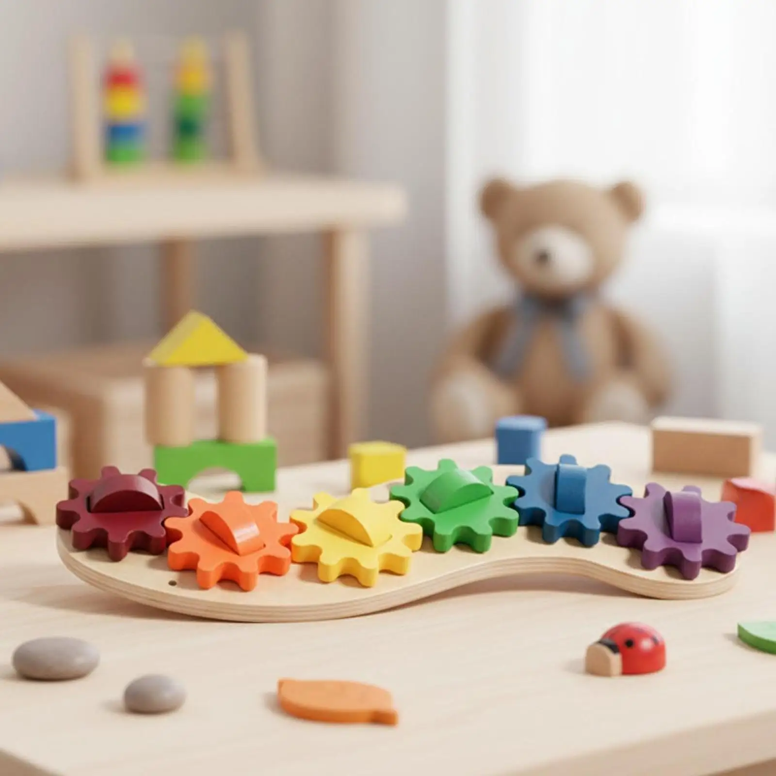 Placa de atividades educacionais de madeira para crianças, acessório interativo resistente 30x7cm colorido com 6 engrenagens rotativas, superfície de desenho diy