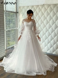 Modest O-neck Long Sleeve Wedding Dress Classic Lace Appliques Bride Robe Elegant A-line Tulle Long Bridal Gown Robe De Mariée