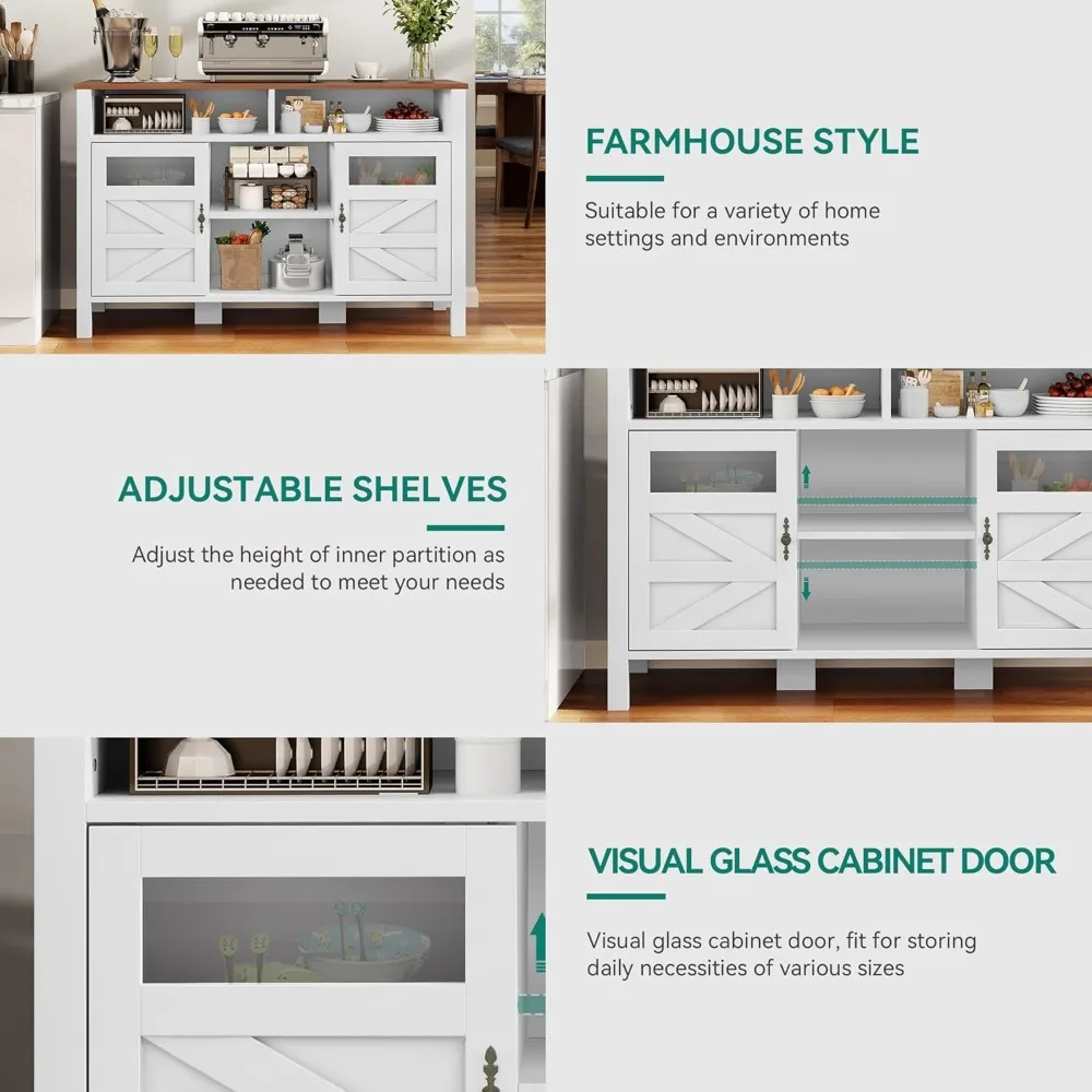 خزانة بوفيه للمزرعة مقاس 55 بوصة مع مساحة تخزين، وخزانة جانبية كبيرة مع بابين وتخزين مفتوح، وطاولة بار قهوة متعددة الاستخدامات #5