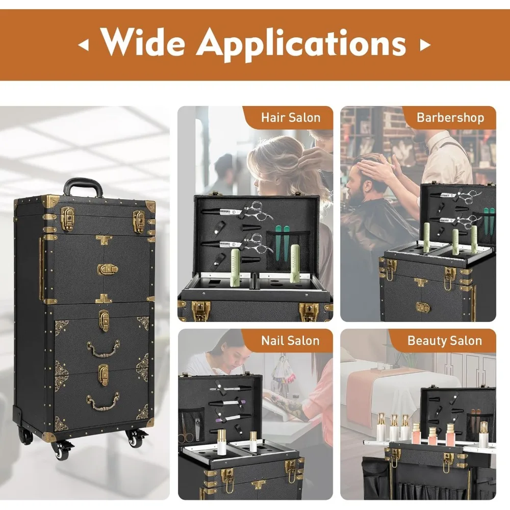 حقيبة قطار مكياج دوارة مع درج، حقيبة سفر مصفف شعر قابلة للقفل، عربة تخزين لمستحضرات التجميل في صالونات التجميل #5