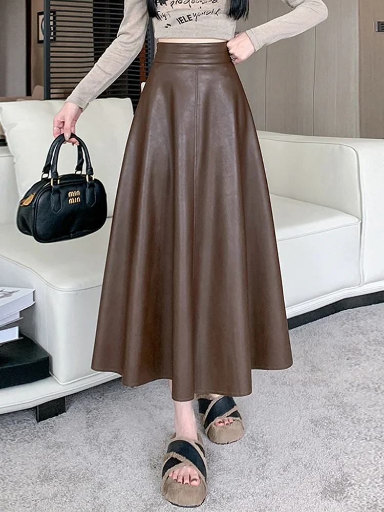 

Retro Style Brown Leather Skirt 2025 Autumn Winter New Women's Cool Midi High Waist A-line Skirt Large Swing Umbrella Skirts