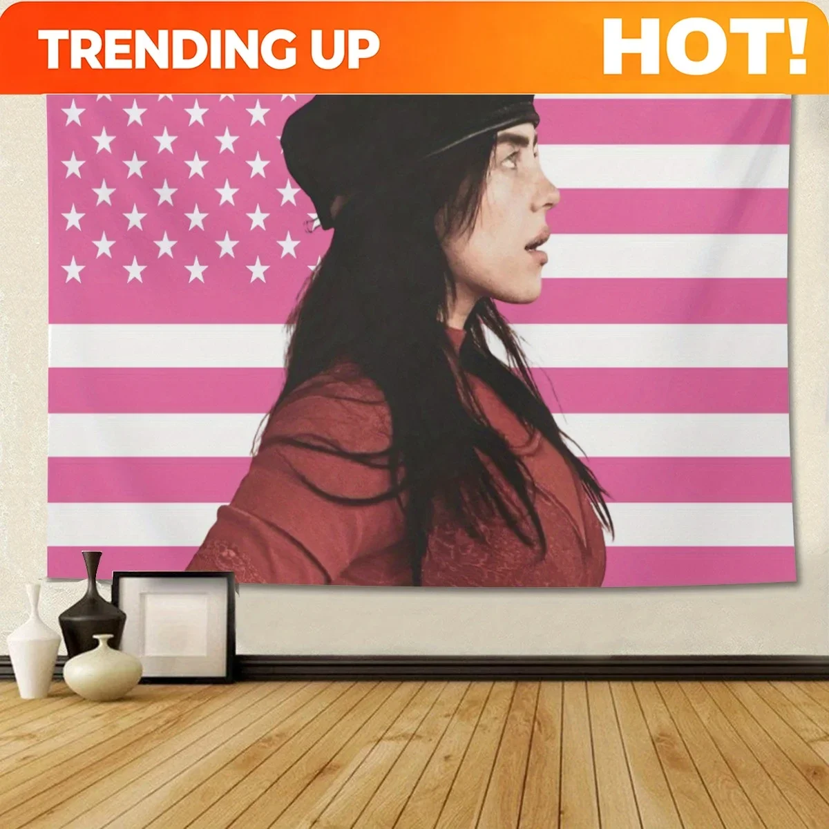 Customization Patriotic American Flag Tapestry With Billie Design - Pink & Purple Horizontal Wall Hanging For Bedroom, Living Ro