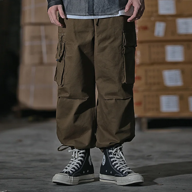 Zipped Men's Multi-pocket Cargo Pants Drawstring Elastic Waist Wide Leg Trousers 2022 New Autumn Winter Trousers 2D1223