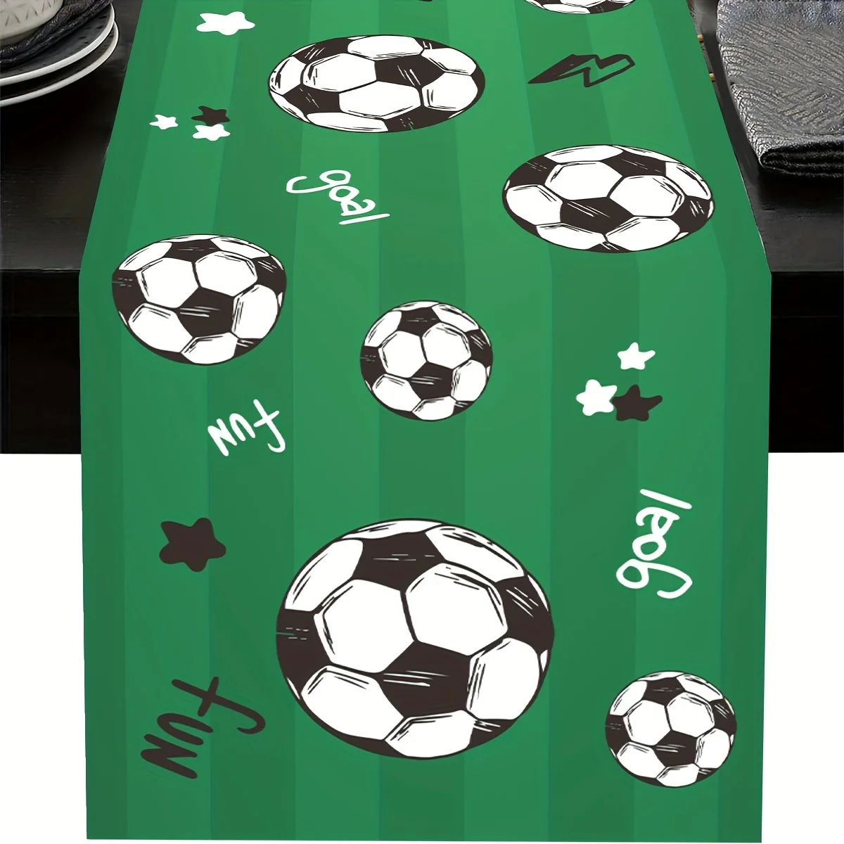 1 Stück Tischläufer mit Fußball-Motiv, Vintage-Landhausstil aus Polyester, Sport-Party-Dekoration für Geburtstage & Veranstaltungen, passend für rechteckige Tische