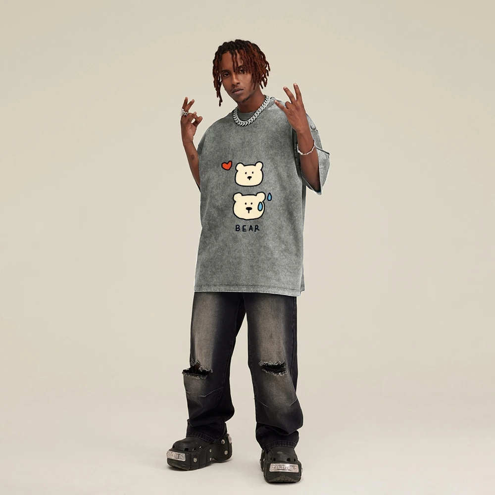 

Женская стильная хлопковая одежда с короткими рукавами и рисунком медведя в стиле эмоций, серая стирка, уличный стиль, повседневная одежда, свободная посадка, дышащая ткань