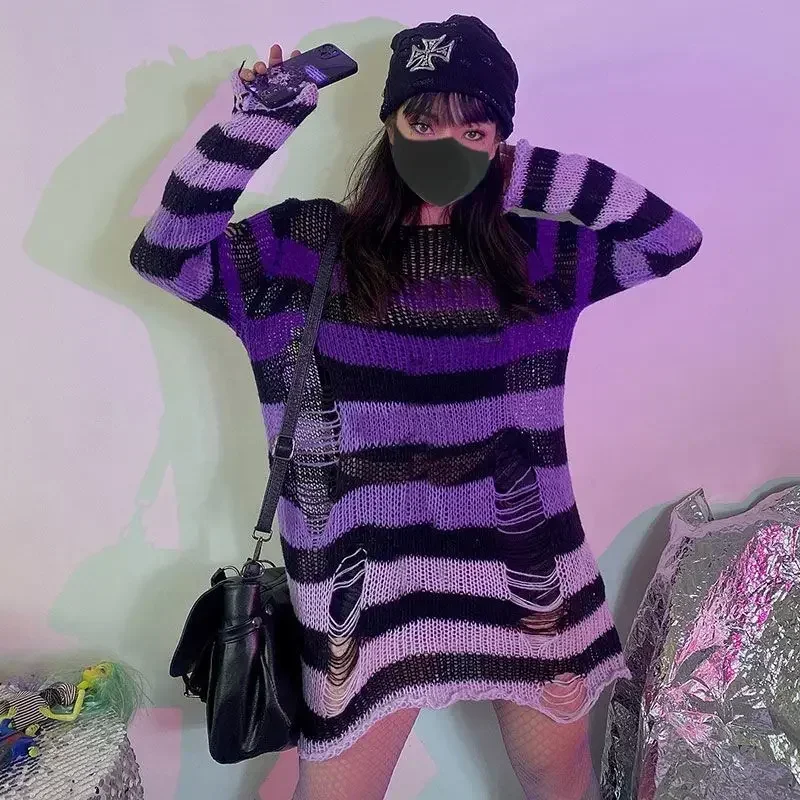 2024 Purple Striped Gothic Sweaters Women Ripped Holes Loose Knitted Pullover Frayed Fairy Grunge Jumpers Emo Streetwear Lolita