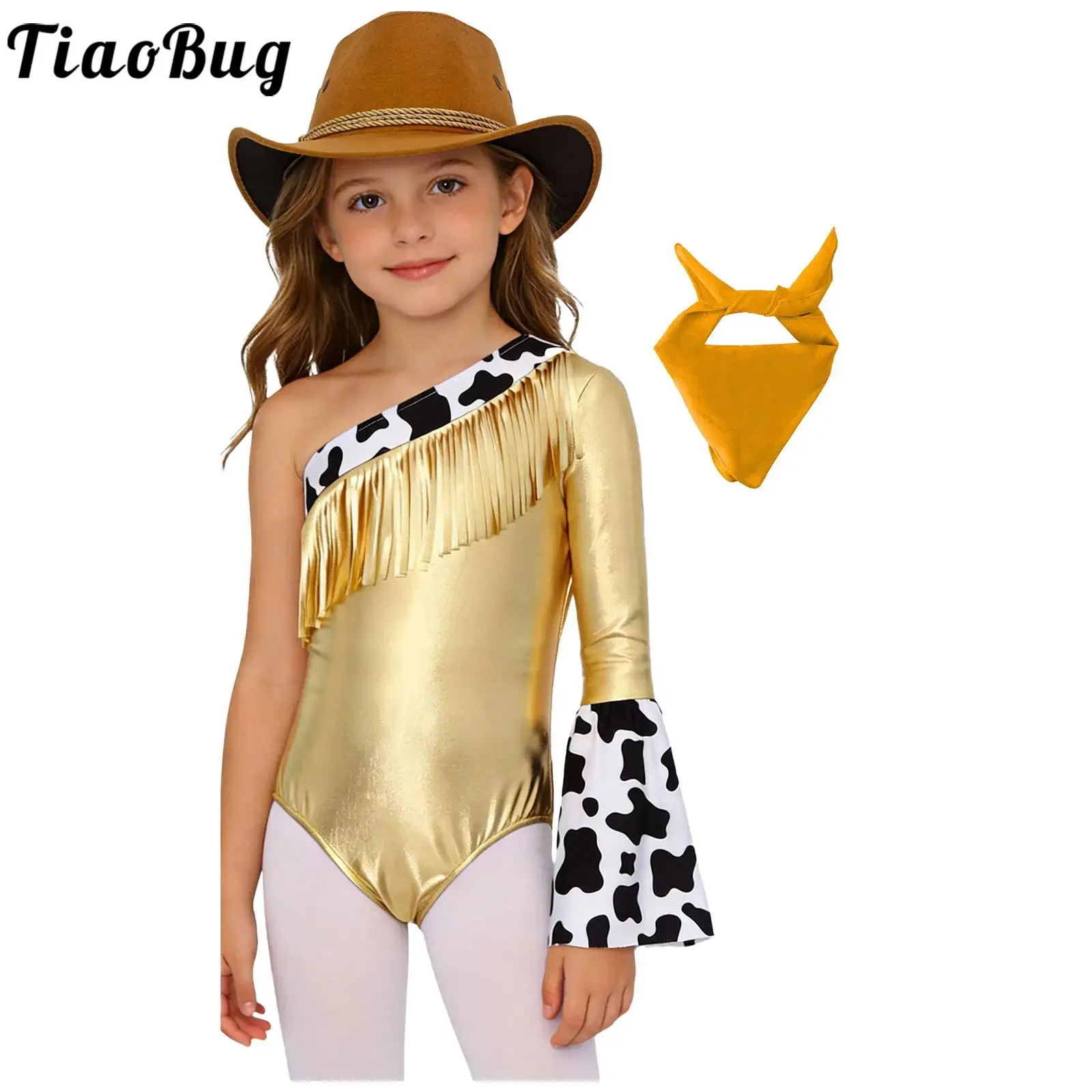 

Girls Halloween Western Cowgirl Costumes Cosplay Fringed Bodysuit Crotch Press Buttons Leotard with Cowboy Hat And Bandanna Set