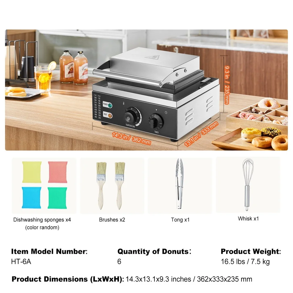 Электрическая машина для приготовления пончиков, 1550 Вт, коммерческая машина с антипригарным покрытием и 6 отверстиями, двухсторонний таймер нагрева, контроль температуры, прочная нержавеющая сталь
