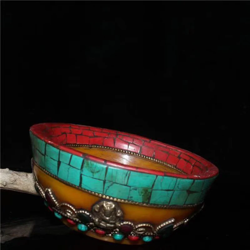 TIBET BUDDHISM RELIGION ARTIFICIAL RED CORAL RESIN TURQUOISE BEESWAX BUDDHA BEAD OFFERING BOWL