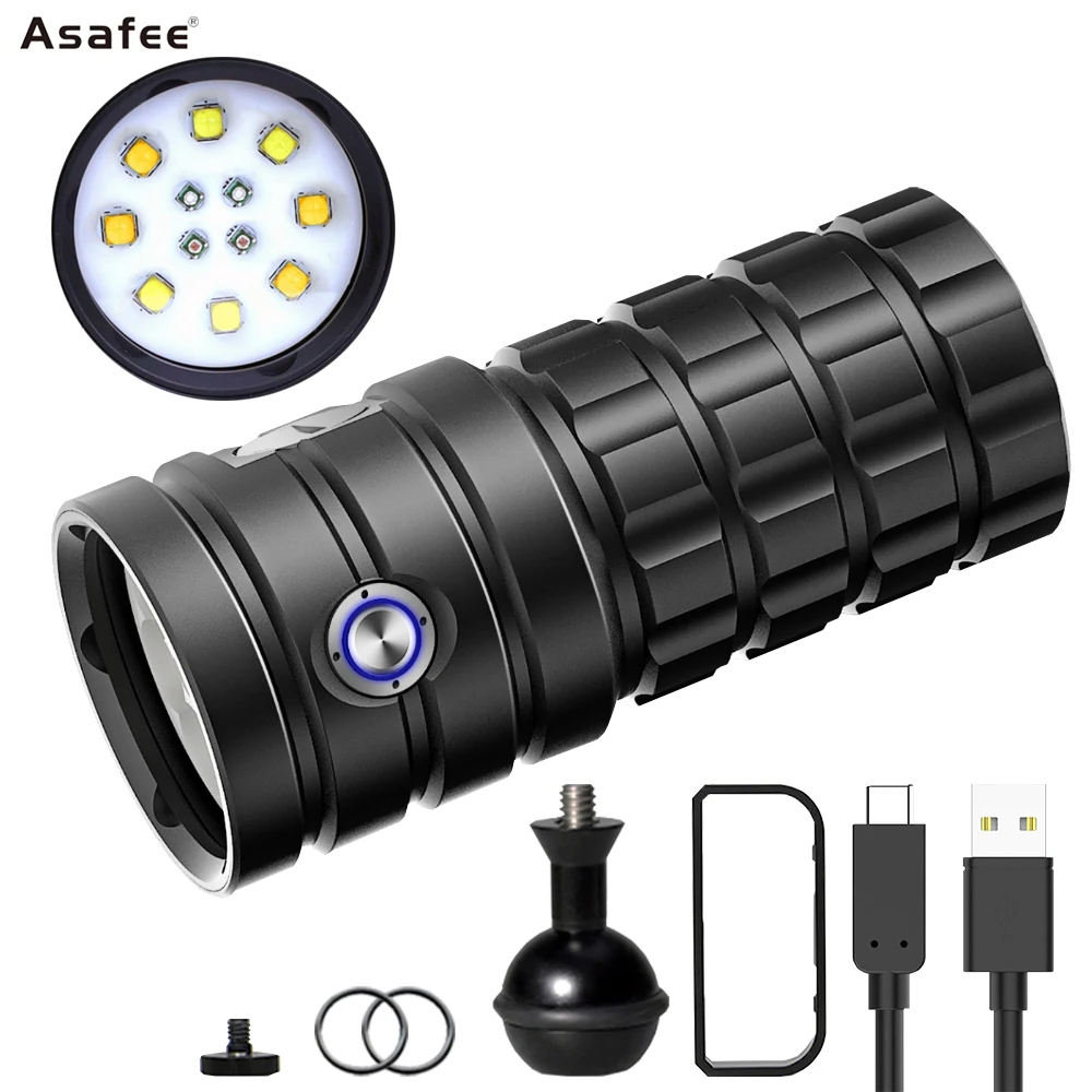 Asafee 100M Underwater Scuba Diving Flashlight 8000LM XHP50 LED Flashlight IPX8 Waterproof Built-in battery 9 modes Lantern