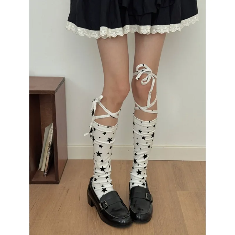 Women's Star Cross Strap Calf Socks JIK Girl Ankle Socks Polka Dots Tie Ins Style Sweet Mid-calf Socks with Foot Covers Set