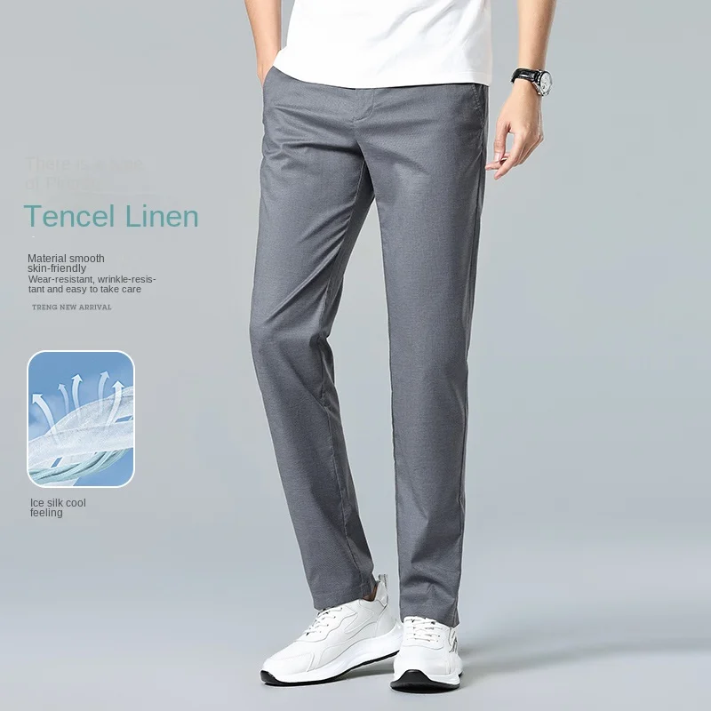 

Classic Style Summer Men Casual Pants Straight Slim Korea Fashion Business Trousers Breathable Ice Silk Fabric Stretch Pants