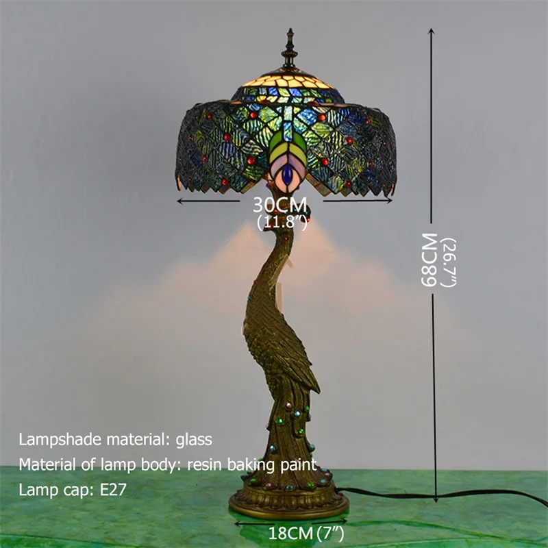 TEMAR Tiffany Table Lamp Peacock Contemporary Retro Creative Decoration LED Light For Home